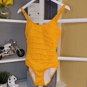 Vibrant Yellow Orange One-Piece Swimsuit Calvin Klein Ruffle Detail